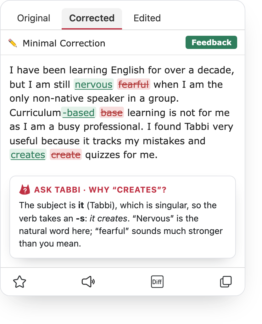 Tabbi Write: the Corrected tab with each change marked, and Ask Tabbi explaining why